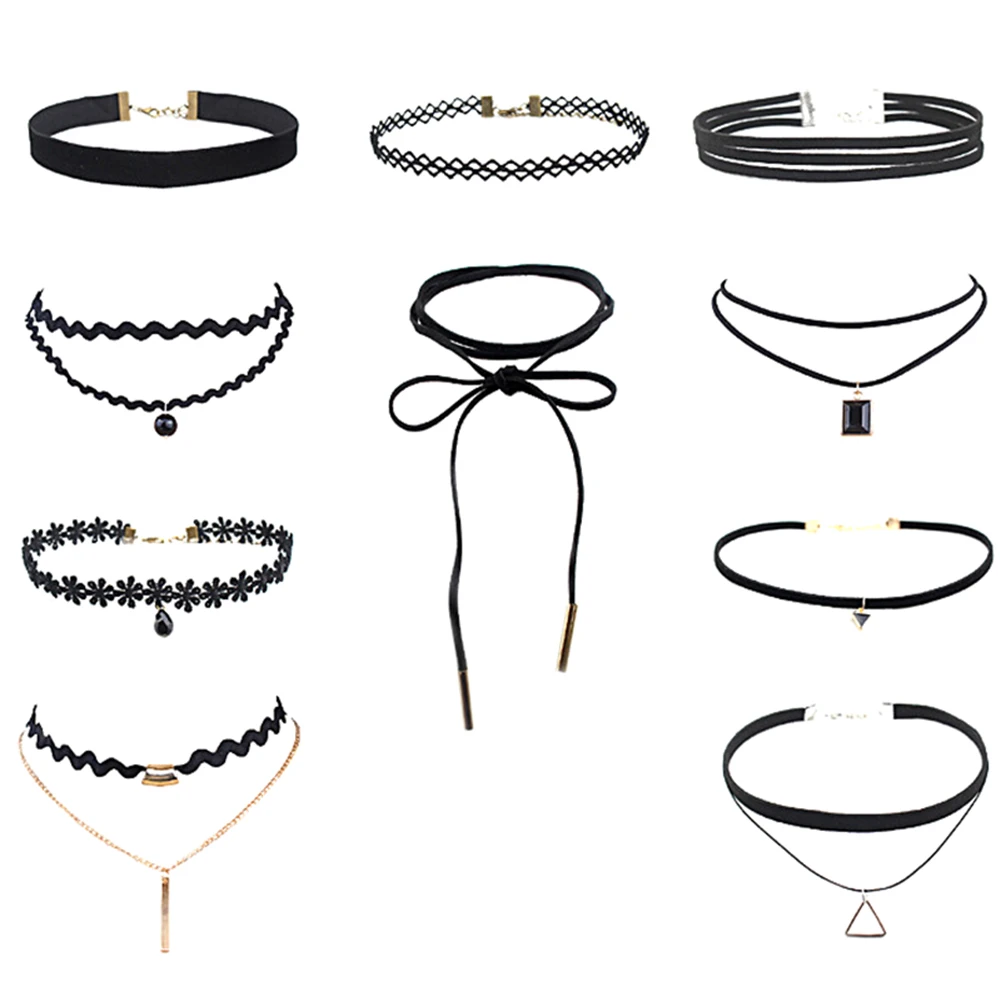 

10 PCS/Set Choker Necklaces Gothic Tattoo Black Lace Leather Velvet Collier Women Collar Femme Chocker Jewelery Punk