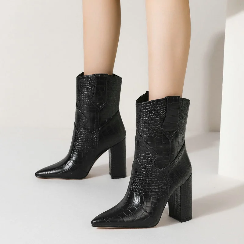 

2021 New Snake Print Ankle Boots Women 10cm High Heels Boots Woman Runway Design Chunky Heels Modern Boots