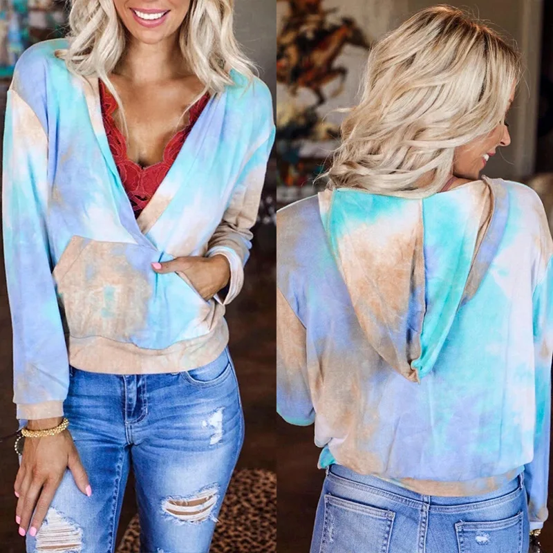 Women's Tie-dye Printing V-neck Long Sleeve Pocket Hooded Sweatershirts Blue Hoodies
Women's Tie-dye Printing V-neck Long Sleeve Pocket Hooded Sweatershirts Blue Hoodies