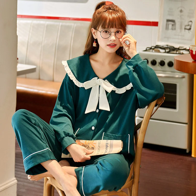 Pajamas Women's Spring And Autumn New Cotton Women's Cardigan Doll Collar Korean Leisure Home Wear Can Wear Two Pieces
Pajamas Women's Spring And Autumn New Cotton Women's Cardigan Doll Collar Korean Leisure Home Wear Can Wear Two Pieces