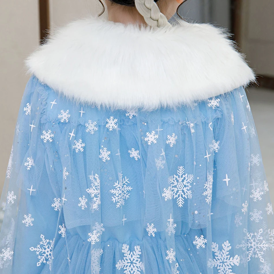 

VOGUEON Snow Queen Princess Girls Dress Snowflake Print Elsa Dresses Kids Fur collar+Cloak+Dress Elza Cosplay Costume for Party