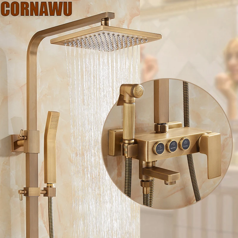 Antique Shower System Set Bathroom Hot Cold Mixer Thermostatic Showers System Wall Mount Brush Gold Retro Bath Tap Copper Kraan
Antique Shower System Set Bathroom Hot Cold Mixer Thermostatic Showers System Wall Mount Brush Gold Retro Bath Tap Copper Kraan