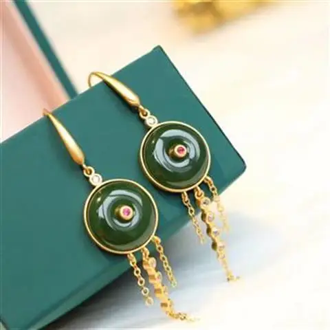 Yuxin Jewelry S925 Sterling Silver Ancient Gilding Gold Inlaid Hetian Jade Peace Buckle Tassel Earrings Ear Hook Women's
Yuxin Jewelry S925 Sterling Silver Ancient Gilding Gold Inlaid Hetian Jade Peace Buckle Tassel Earrings Ear Hook Women's