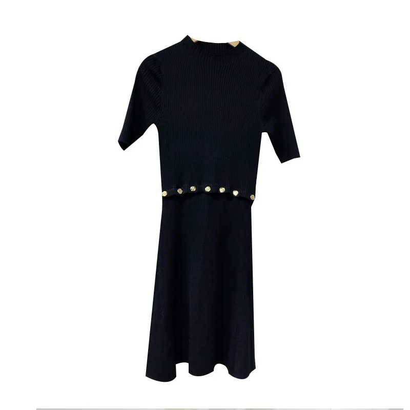 

Женское трикотажное платье, маленькое черное приталенное платье с металлическими пуговицами, с высоким воротником, на раннюю осень, 2021