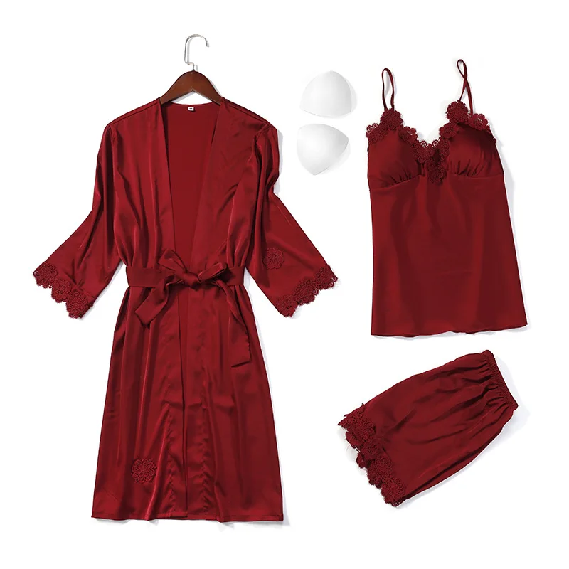 Sexy Embroidery Lace Trim Silk Satin Robe Sling Shorts Sleepwear Suit Summer Pijama Mujer Lingerie Female Pyjama Pajama Set
Sexy Embroidery Lace Trim Silk Satin Robe Sling Shorts Sleepwear Suit Summer Pijama Mujer Lingerie Female Pyjama Pajama Set