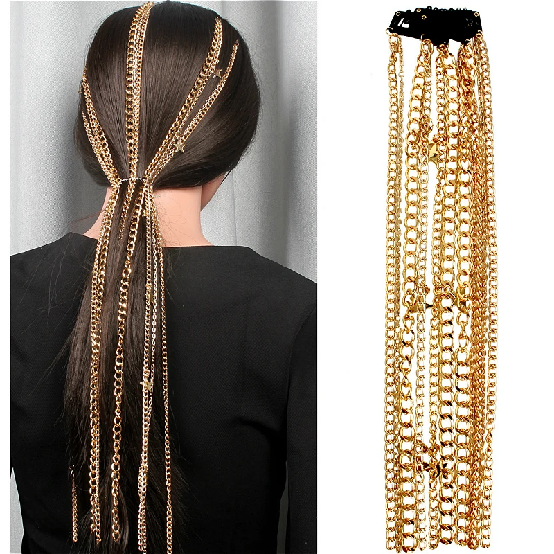 Модные украшения для волос золотистого цвета цепочка с кисточками и звездами