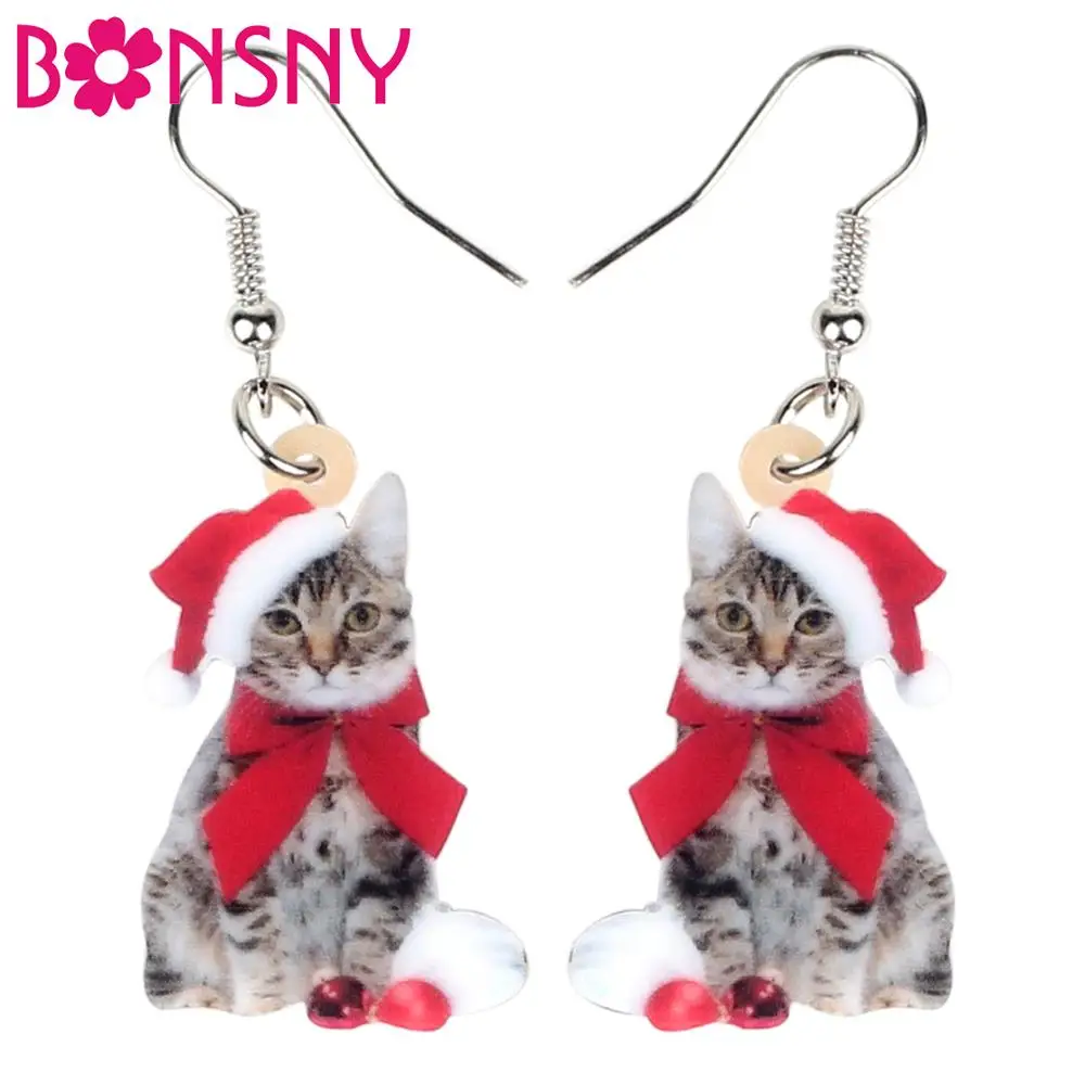 

Bonsny Acrylic Christmas Bow-Knot Cat Kitten Earrings Dangle Drop Pets Jewelry Women Girl Teen Kid Bulk Festival Birthday Gift