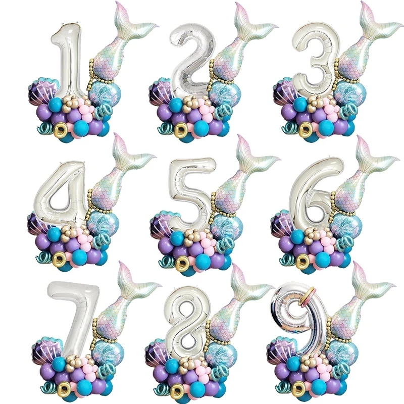 Воздушные шары для дня рождения Русалочка хвост русалки морские ракушки цифры