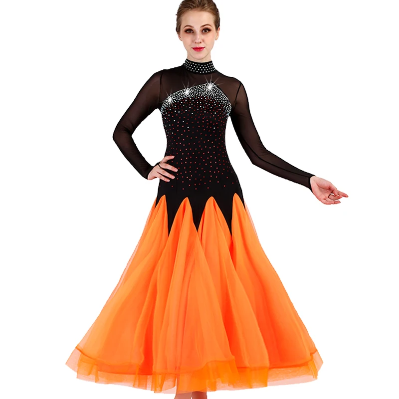 Modern Dance Dress Women Ballroom Dance Dress Competition Black And Orange Long Sleeve Standard Dance Skirt Waltz Wear DQL1947
Modern Dance Dress Women Ballroom Dance Dress Competition Black And Orange Long Sleeve Standard Dance Skirt Waltz Wear DQL1947