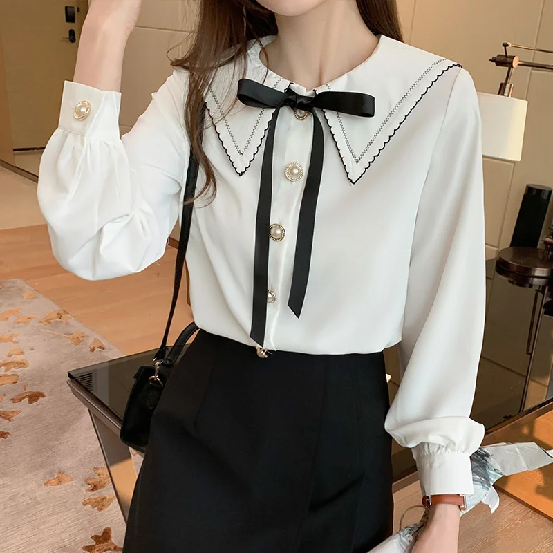 #4969 Chiffon Shirt Women Single Breasted Casual Women Blouses Long Sleeves Cute White Shirt Doll Collar Slim Korean Fashion
#4969 Chiffon Shirt Women Single Breasted Casual Women Blouses Long Sleeves Cute White Shirt Doll Collar Slim Korean Fashion