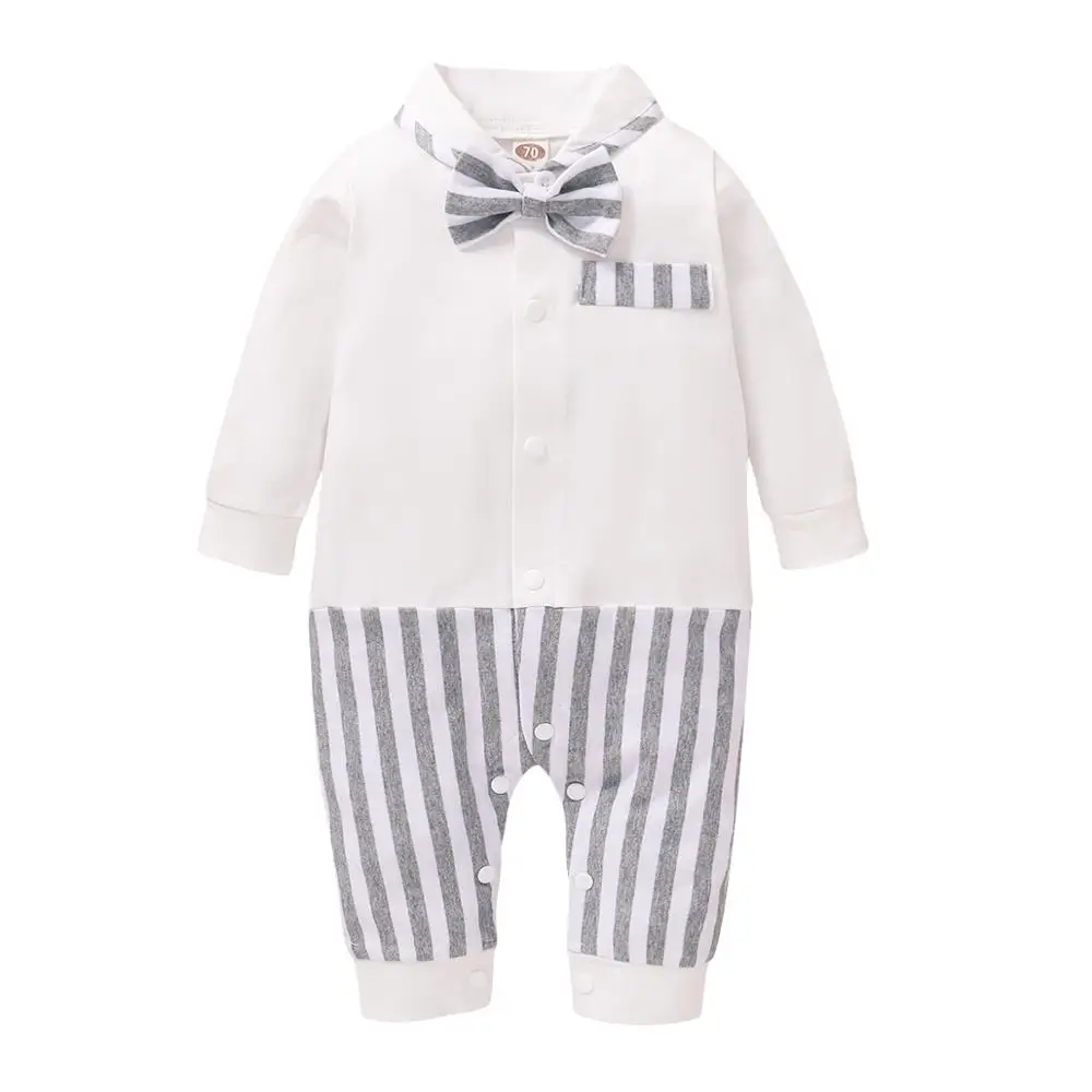 12 Month Boy Clothes Long Sleeve Romper Baby Infant Boy Clothes Beige Gray Stripe Print Bow-tie Little Gentleman Baby Jumpsuit 
12 Month Boy Clothes Long Sleeve Romper Baby Infant Boy Clothes Beige Gray Stripe Print Bow-tie Little Gentleman Baby Jumpsuit
