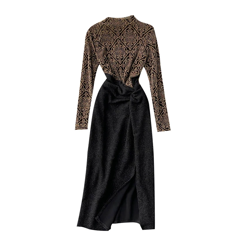 Autumn Dress Round Neck Runway Design Folds Waist Slimming Split Mid-length Dress Women
Autumn Dress Round Neck Runway Design Folds Waist Slimming Split Mid-length Dress Women