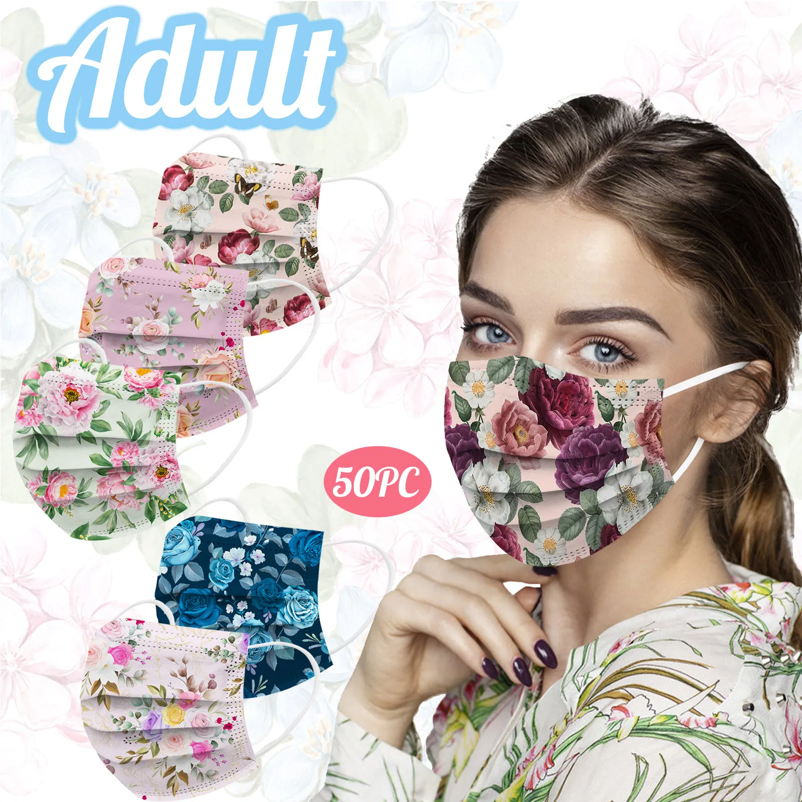 50pcs Fashion Face Mask Disposable Women 3-Layer Face Mask Floral Print Protection Mouth Mask For Adult Mask Decoration
50pcs Fashion Face Mask Disposable Women 3-Layer Face Mask Floral Print Protection Mouth Mask For Adult Mask Decoration