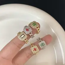 Chinese Mahjong Elements Geometric Rings Adjustable Finger Rings Women Girl Jewelry Accessories Metal Rhinestone Finger Buckle