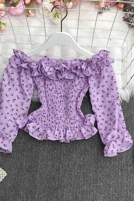 2021 New Summer Temperament slash neck puff sleeve Shirt Edible Tree Fungus edge ruched waist floral Chiffon Shirt Top 
2021 New Summer Temperament slash neck puff sleeve Shirt Edible Tree Fungus edge ruched waist floral Chiffon Shirt Top