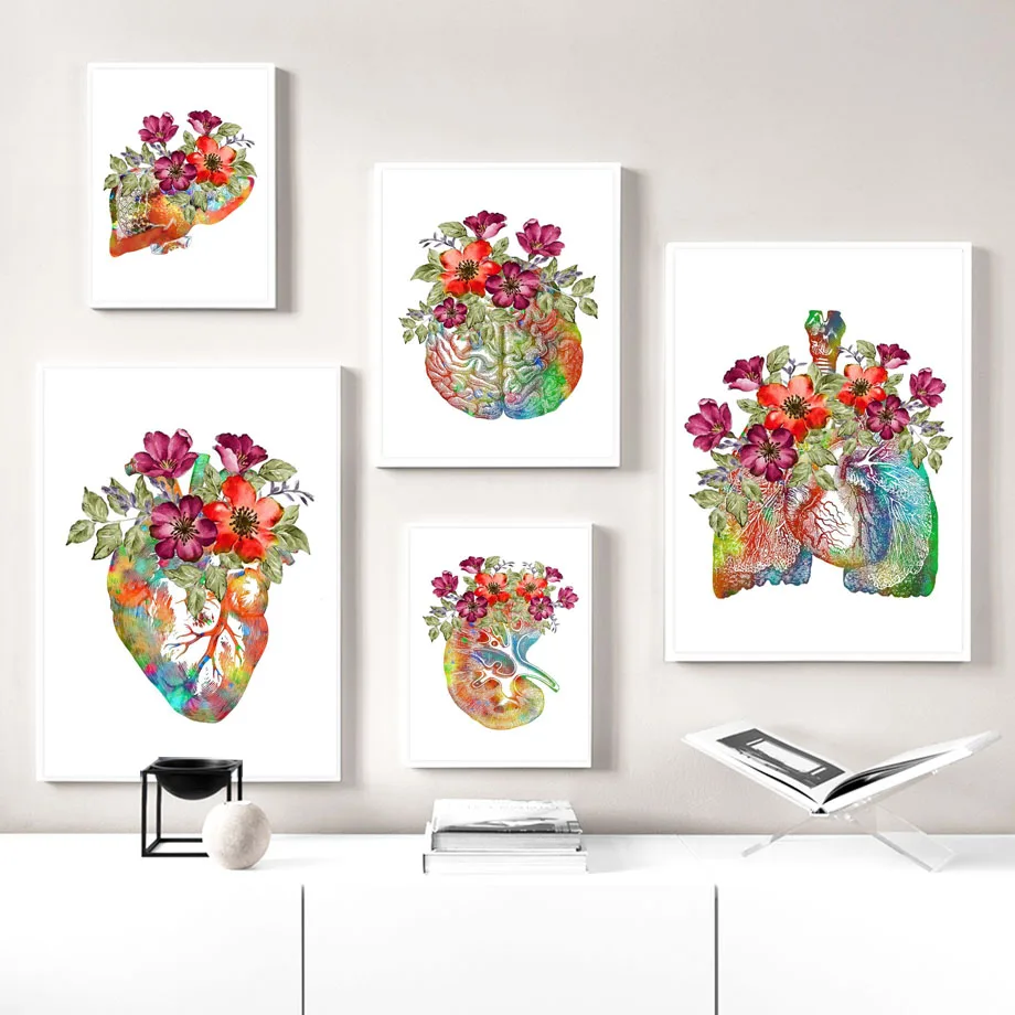

Flower Medicine Organ Anatomy Lung Heart Brain Wall Art Canvas Painting Nordic Poster And Prints Wall Pictures For Doctors Decor