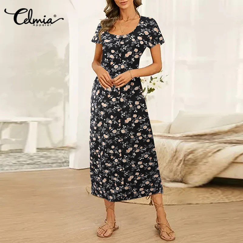 Summer Short Sleeve Midi Vestidos Celmia Fashion Women Floral Printed O Neck Dress 2022 New Elegant Single Breasted Sundress 
Summer Short Sleeve Midi Vestidos Celmia Fashion Women Floral Printed O Neck Dress 2022 New Elegant Single Breasted Sundress