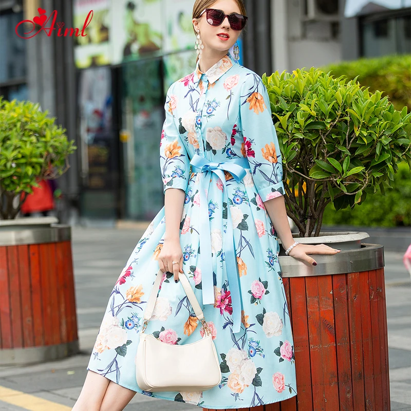 Designer 2020 Women Summer Vintage Print Half Sleeve Turn-down Collar Holiday Hress Light Blue Belt Robe Feminine Dresses New
Designer 2020 Women Summer Vintage Print Half Sleeve Turn-down Collar Holiday Hress Light Blue Belt Robe Feminine Dresses New