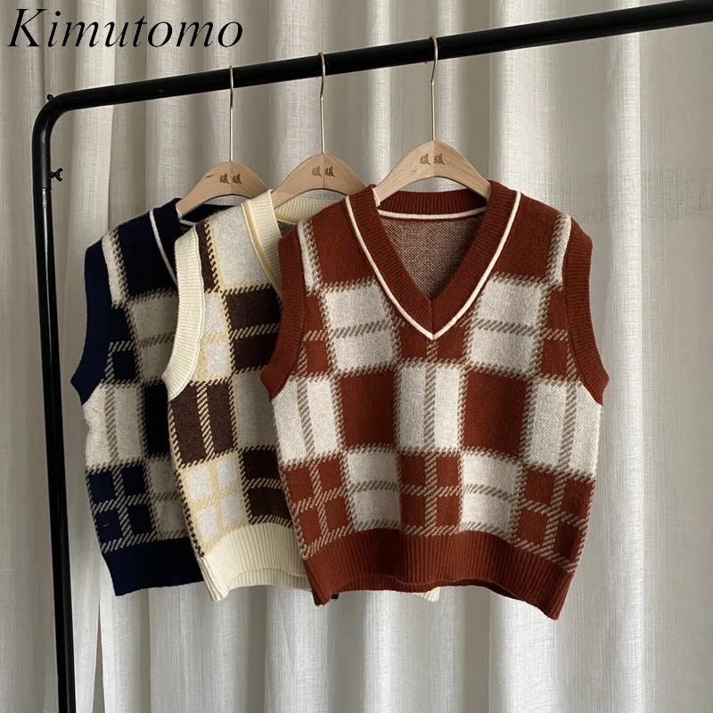 Kimutomo Preppy Style Knitted Vest Women Color Contrast Plaid V-neck Sleeveless Korean Clothes Ladies Autumn New Casual Top
Kimutomo Preppy Style Knitted Vest Women Color Contrast Plaid V-neck Sleeveless Korean Clothes Ladies Autumn New Casual Top