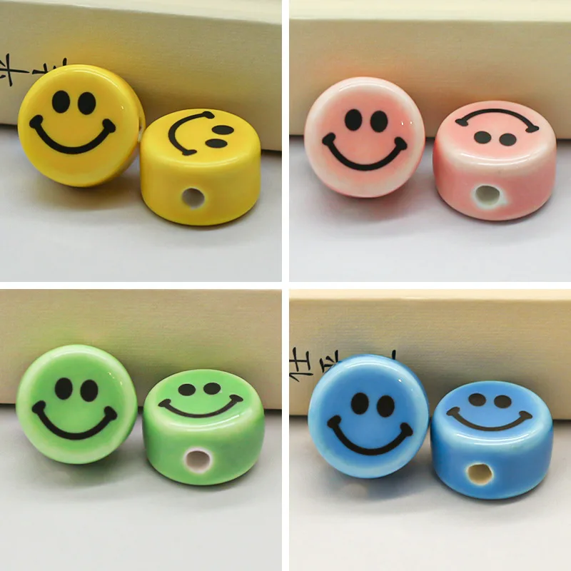 

16mm Vertical hole color ceramic cartoon expression smiling face flat beads DIY hand jewelry accessories materials 6pcs