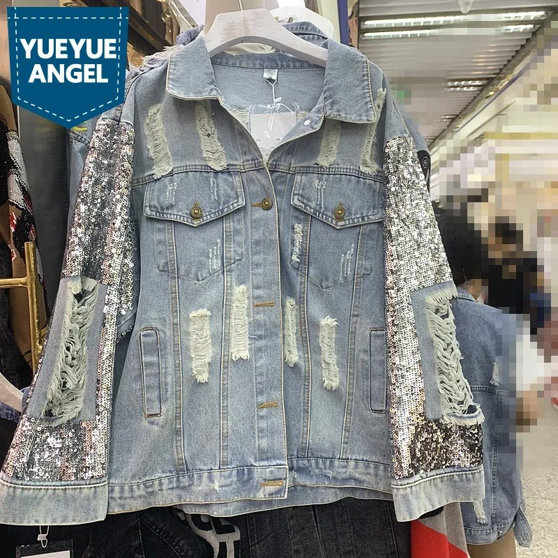 Euro Spring Autumn New Sequined Womens Denim Jackets High Street Fashion Loose Fit Personality Hole Ripped Casual Cowgirl Coats
Euro Spring Autumn New Sequined Womens Denim Jackets High Street Fashion Loose Fit Personality Hole Ripped Casual Cowgirl Coats