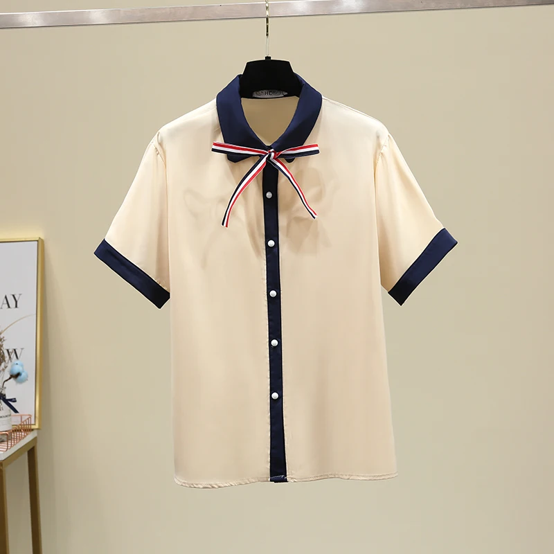 2021 Summer Women Chiffon Blouse Patchwork Contrast Color Bow Tie Shirt Short Sleeves Single Breasted Shirts Womens Casual Tops
2021 Summer Women Chiffon Blouse Patchwork Contrast Color Bow Tie Shirt Short Sleeves Single Breasted Shirts Womens Casual Tops
