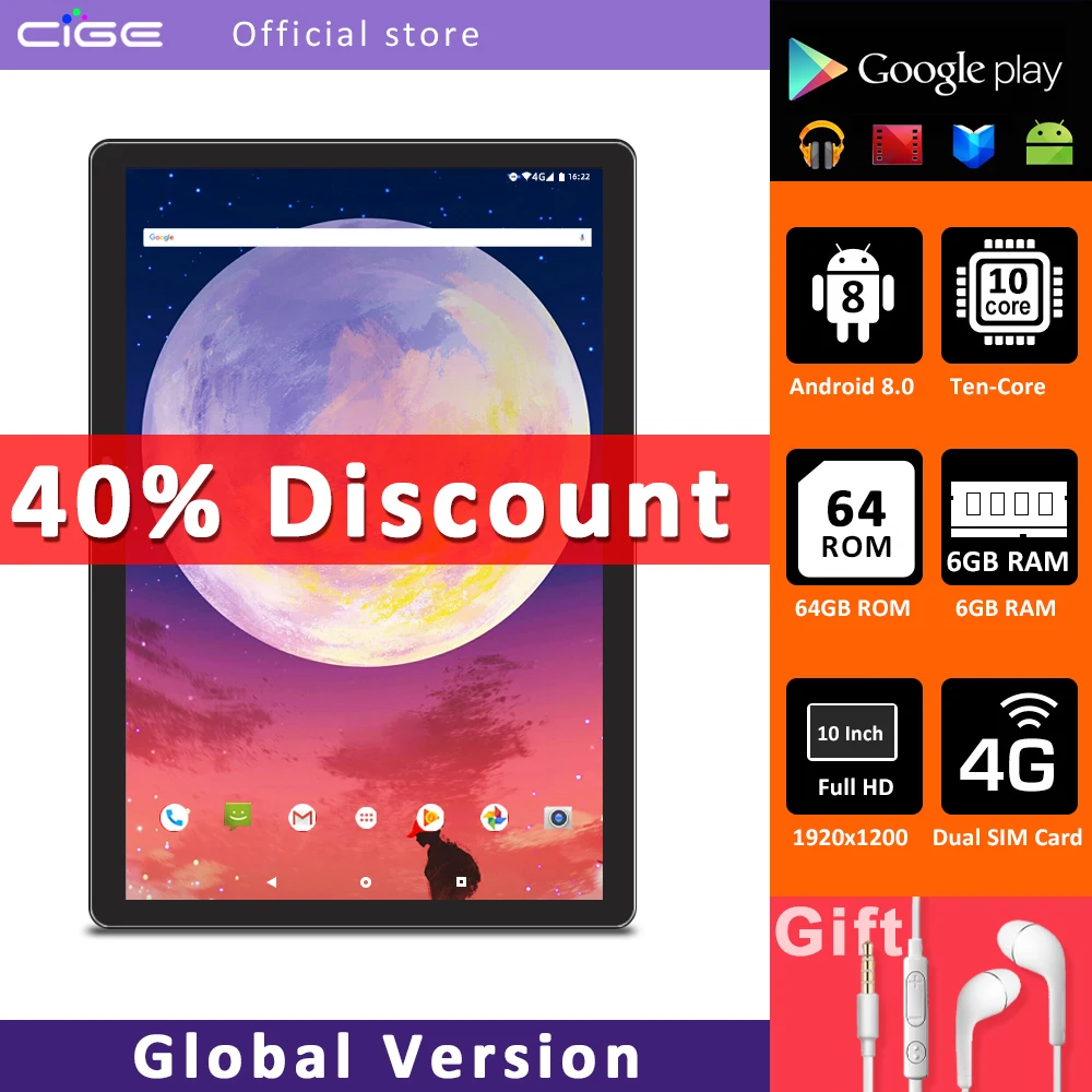 CIGE 10'' Tablet PC 1920x1200 4G Network 10 Core 6GB RAM 64GB ROM Tablets Android 8.0 Dual Wifi Type-C 10.1
CIGE 10'' Tablet PC 1920x1200 4G Network 10 Core 6GB RAM 64GB ROM Tablets Android 8.0 Dual Wifi Type-C 10.1