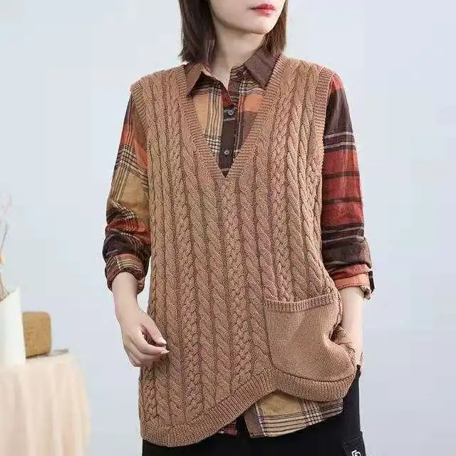 Literature and art RETRO twist knitted vest women's loose, thin and versatile Pullover vest spring and autumn sleeveless V-Neck
Literature and art RETRO twist knitted vest women's loose, thin and versatile Pullover vest spring and autumn sleeveless V-Neck