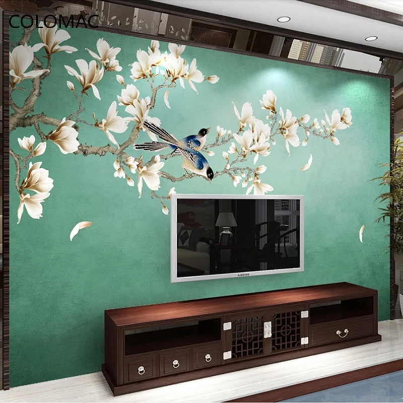 Фон для телевизора в китайском стиле с цветами и птицами 
Фон для телевизора в китайском стиле с цветами и птицами