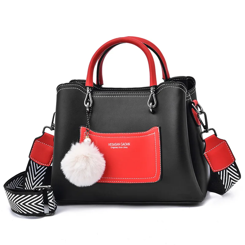 Fashion fur ball leather women's trend wide shoulder strap messenger bag hit large black capacity top handle handbag for women
Fashion fur ball leather women's trend wide shoulder strap messenger bag hit large black capacity top handle handbag for women