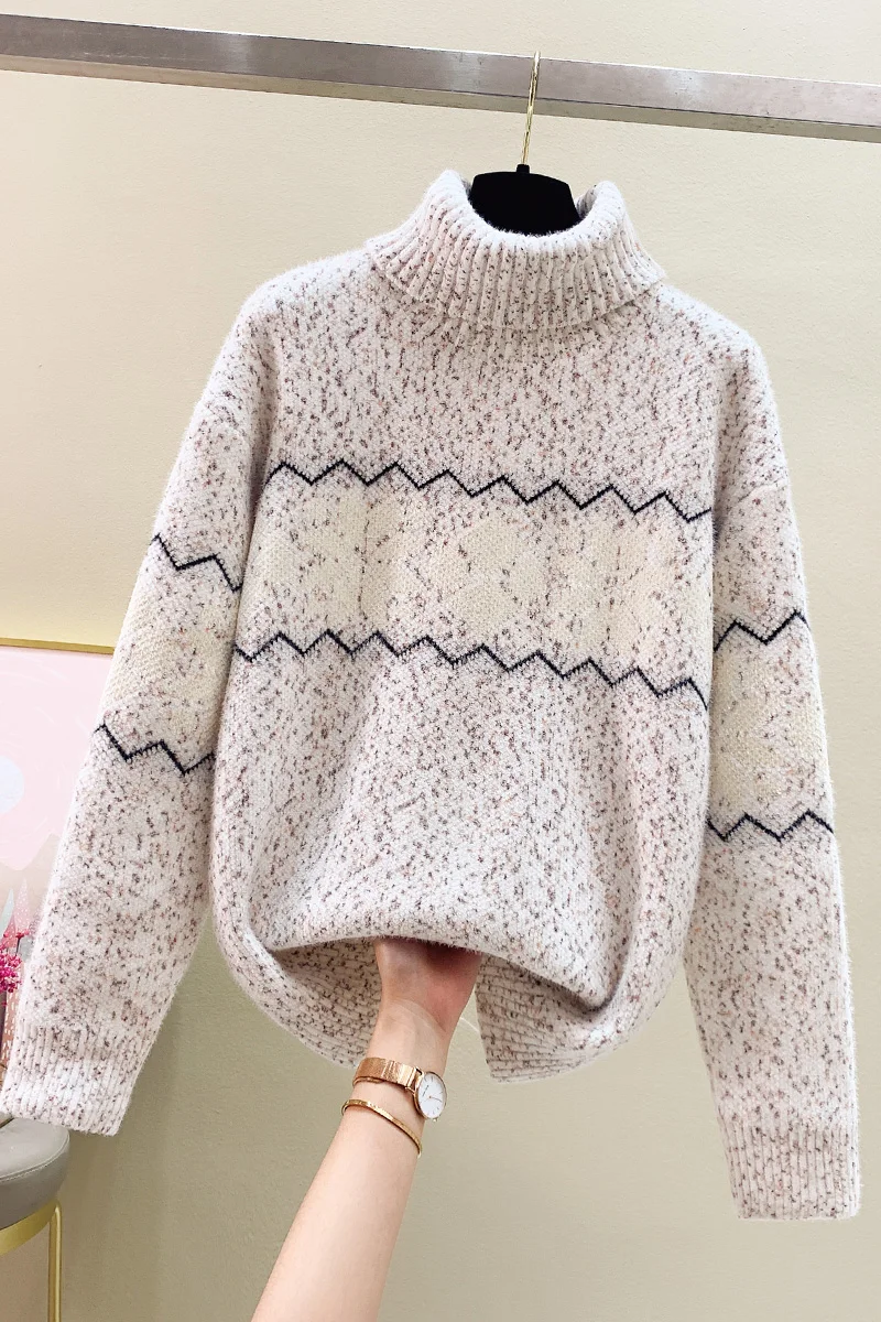 Tops Women Thicken Turtleneck Sweater Autumn and Winter New Jacquard Long-sleeved Splicing Solid Color Knitted Pullover Sweater 
Tops Women Thicken Turtleneck Sweater Autumn and Winter New Jacquard Long-sleeved Splicing Solid Color Knitted Pullover Sweater