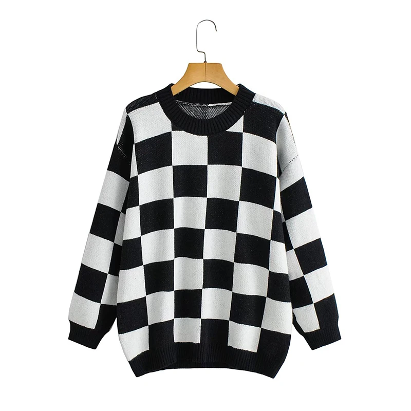 Unizera 2021 Za women's autumn new round neck black and white plaid Pullover Sweater checkerboard loose knit women's top
Unizera 2021 Za women's autumn new round neck black and white plaid Pullover Sweater checkerboard loose knit women's top