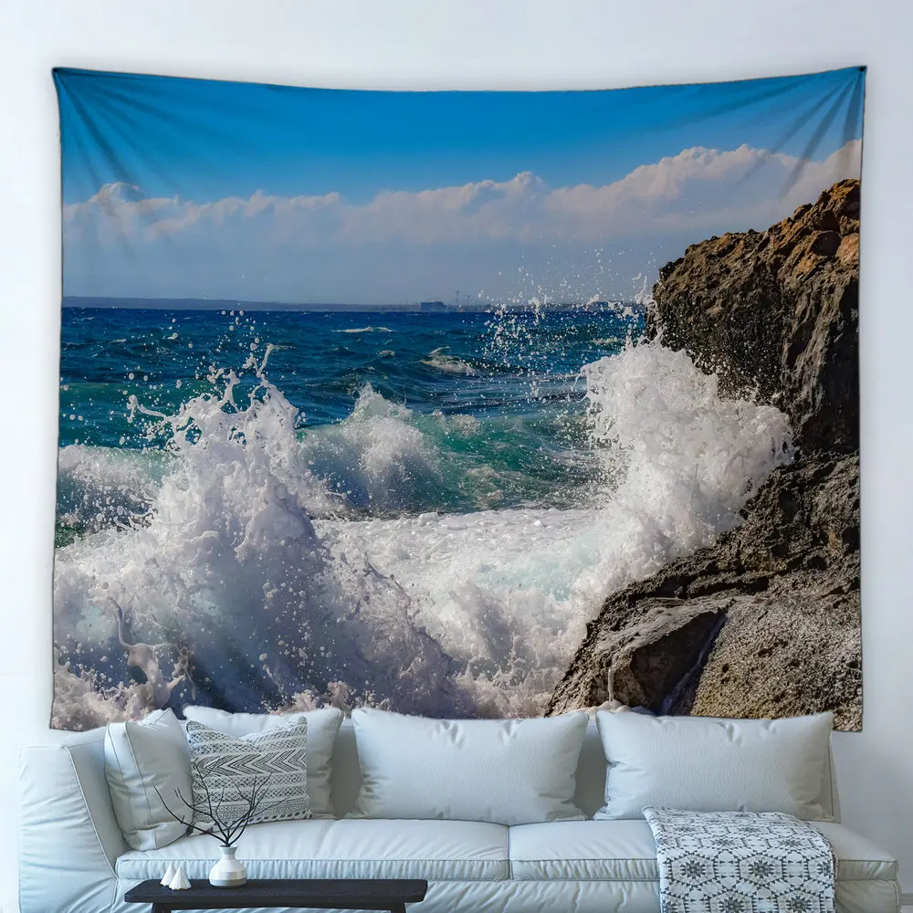 

Ocean Scenery Tapestry Waves Rocks Natural Landscape Photography Wall Hanging Background Cloth Beach Towel Yoga Mat Home Decor