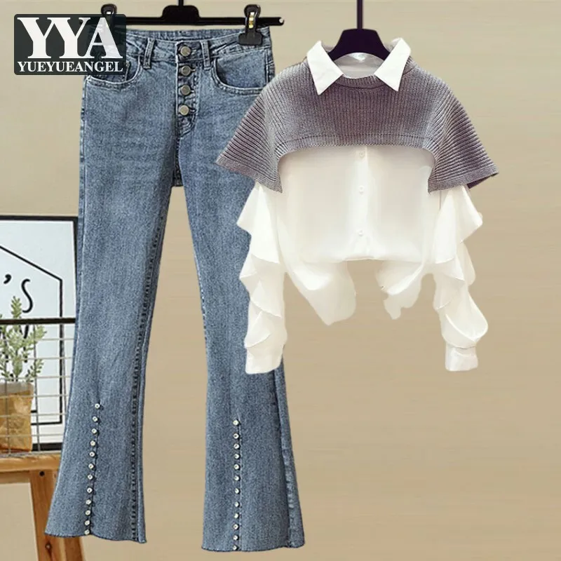 Женский трикотажный комплект из 2 предметов, однобортная рубашка с оборками и джинсы-клеш с высокой талией
Женский трикотажный комплект из 2 предметов, однобортная рубашка с оборками и джинсы-клеш с высокой талией