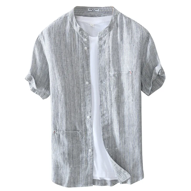 2021 Men's Summer New Yarn-Dyed Linen Striped Short-Sleeved Shirt Youth Casual Stand Collar Shirt
2021 Men's Summer New Yarn-Dyed Linen Striped Short-Sleeved Shirt Youth Casual Stand Collar Shirt
