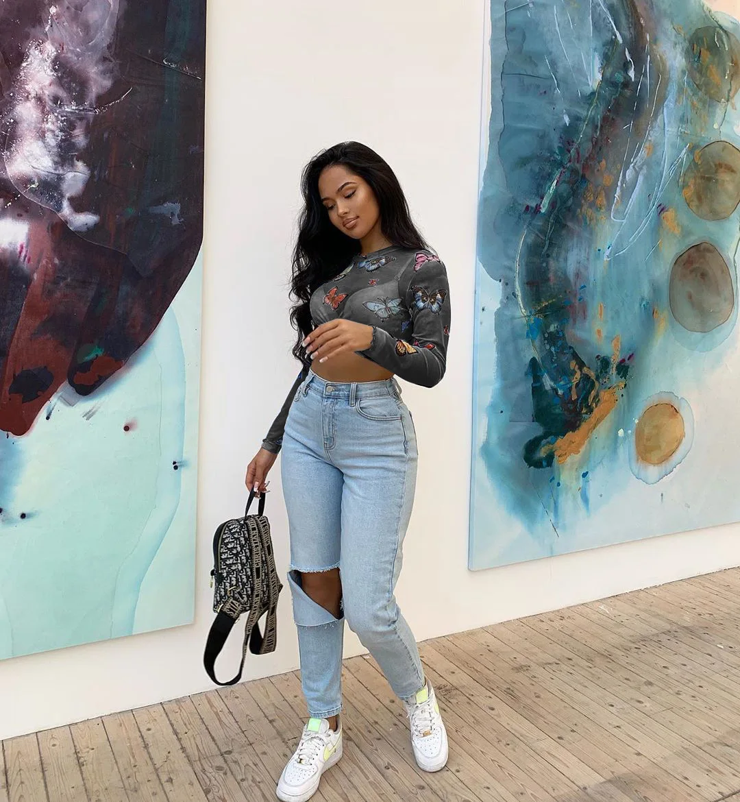 Spring and autumn net gauze printed wavy sleeves T-shirt round neck blouse wholesale best top fashion sexy clothes for women
Spring and autumn net gauze printed wavy sleeves T-shirt round neck blouse wholesale best top fashion sexy clothes for women