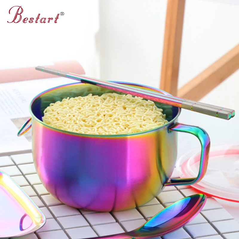 1Pc Instant Noodles Food Bowl Metal Gold Large Salad Fruit Kitchen Bowls With Lid Container Soup Bento Box Tableware Accessories | Дом и сад