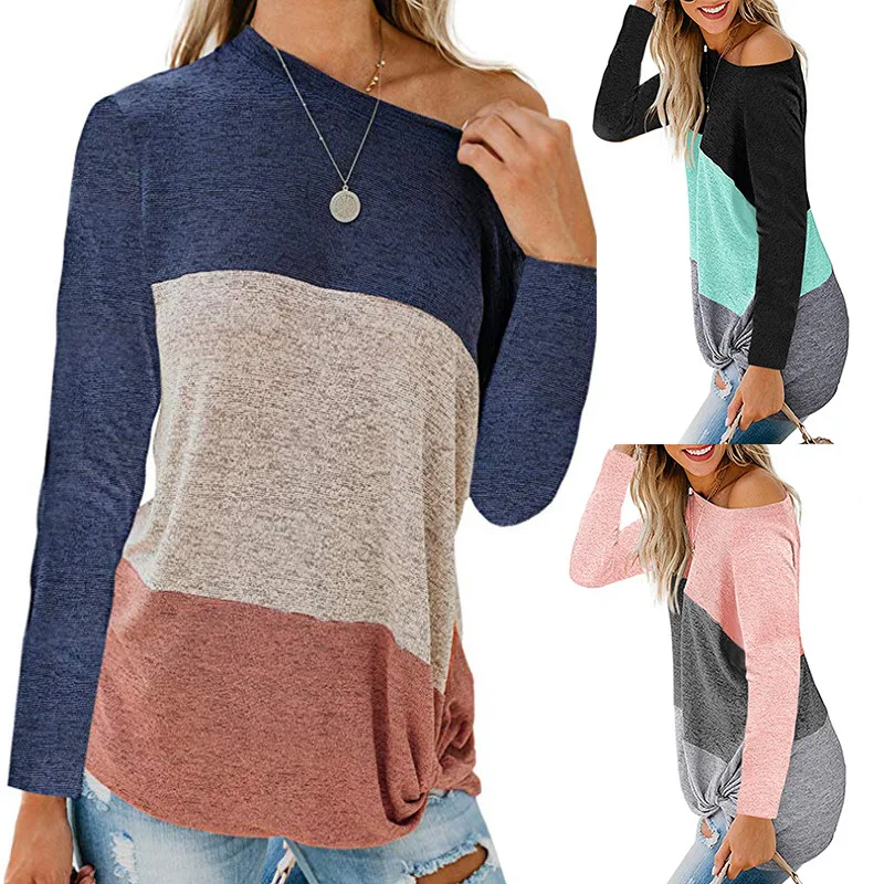 2021 Fall/winter New Women Top Contrasting Color Stitching Twisted Casual Loose Slant Collar T-shirt Bat Sleeve Shirts For Women
2021 Fall/winter New Women Top Contrasting Color Stitching Twisted Casual Loose Slant Collar T-shirt Bat Sleeve Shirts For Women