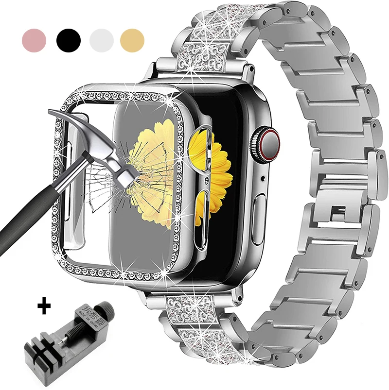 Бриллиантовый ремешок + чехол для Apple Watch Band 40 мм 44 мм 38 мм 42 мм iWatch Series 6 SE 5 4 3 2 1, женский браслет, браслет из нержавеющей стали 
Бриллиантовый ремешок + чехол для Apple Watch Band 40 мм 44 мм 38 мм 42 мм iWatch Series 6 SE 5 4 3 2 1, женский браслет, браслет из нержавеющей стали