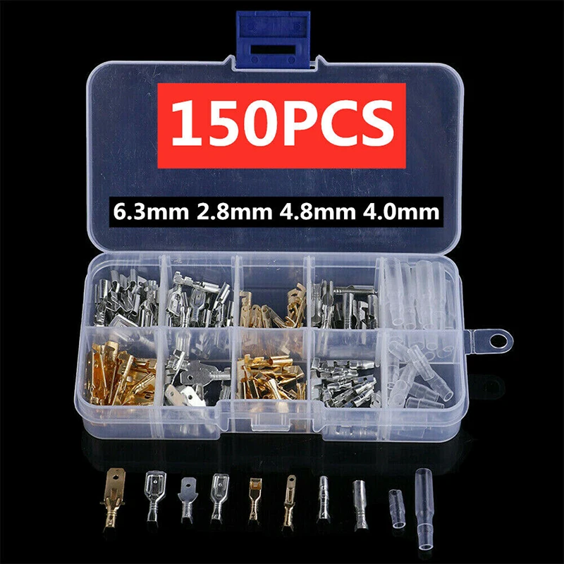 150Pcs/lot 2.8/4/4.8/6.3mm Female And Male Crimp Terminal Connector Gold Brass/Silver Car Speaker Electric Wire Connectors Set
150Pcs/lot 2.8/4/4.8/6.3mm Female And Male Crimp Terminal Connector Gold Brass/Silver Car Speaker Electric Wire Connectors Set