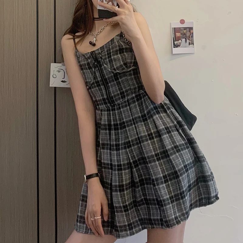 

Korean Style Woman Dress Plaid Spaghetti Strap Sleeveless Clothing Summer New Ladies Pleated Casual Sundress Sexy Zipper Spliced