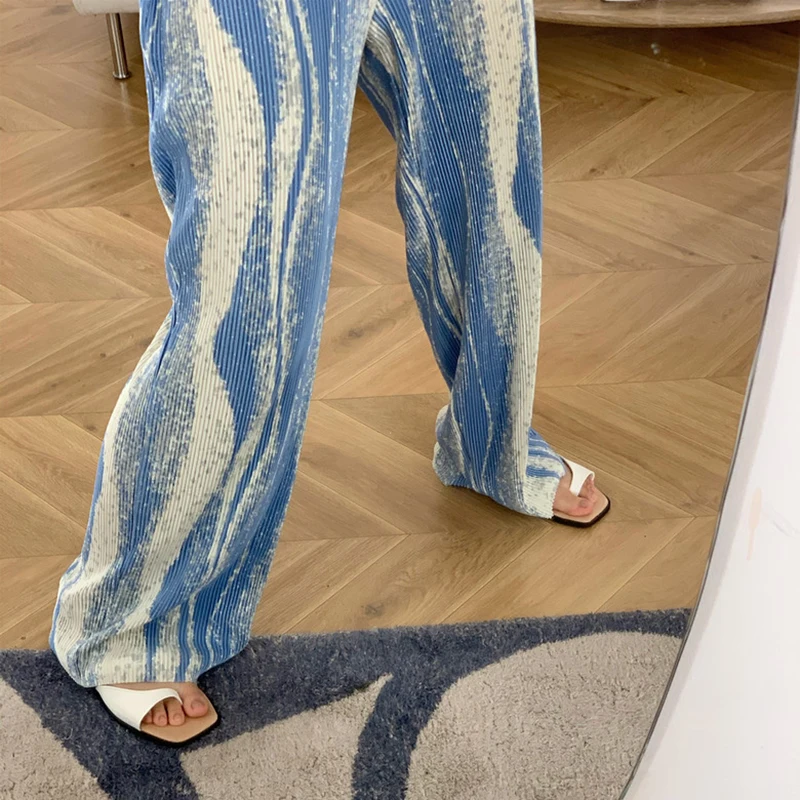 Rendering Pleat Thin Casual Wide Leg Straight Pants Glittering Fashion Long Pants Elastic Waist Trouser Floor-Length Pants