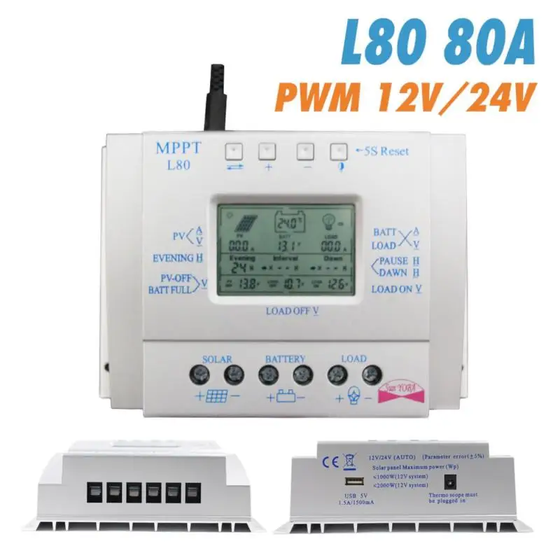 MPPT 80A Solar Charge Controller 12V 24V Regulador Solar 80A for Max 48V Input Solar Photovoltaic System Charging USB 5V Output
MPPT 80A Solar Charge Controller 12V 24V Regulador Solar 80A for Max 48V Input Solar Photovoltaic System Charging USB 5V Output