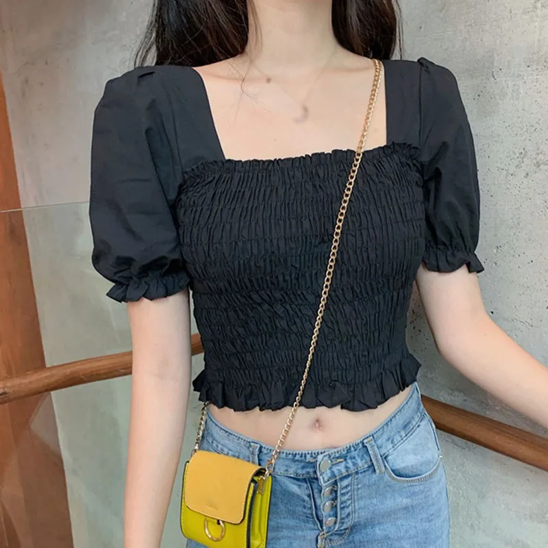 Summer Women Blouse Square Collar Sexy Sweet Exposed Navel Short Sleeve Solid Shirts Female Tops 
Summer Women Blouse Square Collar Sexy Sweet Exposed Navel Short Sleeve Solid Shirts Female Tops