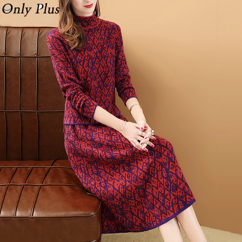 Only Plus Winter Women Skirt Suit Printed Woolen Knitted 2 Pieces Set Vintage Casual Red Sets 2020 New Design | Женская одежда