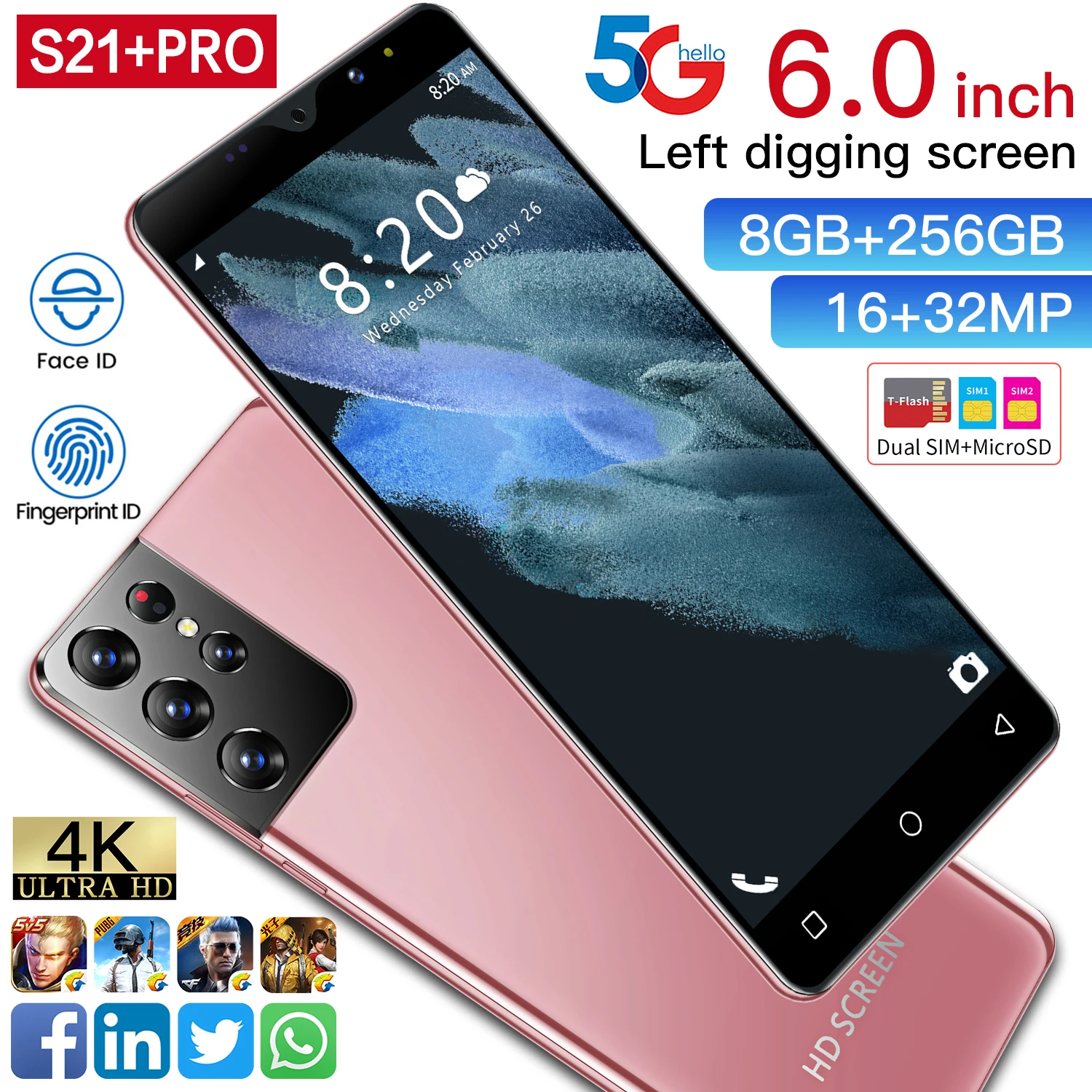 New Arrival S21+ Pro 8GB+256GB 16+32MP 6800mAh Mobile Cell Phone 6.0 Inch MTK6889 5G LTE Bands Fingerprint Unlock Smart Phones
New Arrival S21+ Pro 8GB+256GB 16+32MP 6800mAh Mobile Cell Phone 6.0 Inch MTK6889 5G LTE Bands Fingerprint Unlock Smart Phones