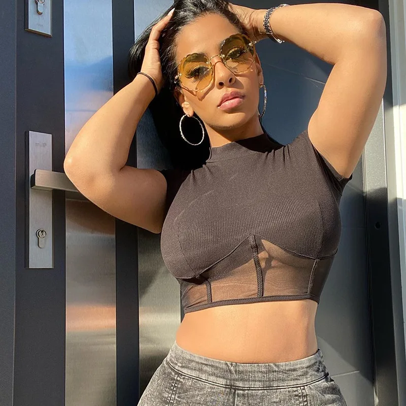 Mesh Patchwork Ladies T-Shirt Short Sleeved Women Black Breathable Slim t Shirt Sportswear Sexy Crop Tops Street Casual Summer 
Mesh Patchwork Ladies T-Shirt Short Sleeved Women Black Breathable Slim t Shirt Sportswear Sexy Crop Tops Street Casual Summer