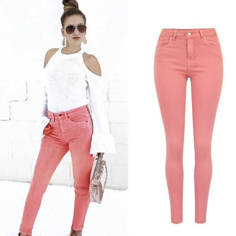 

High Waist Pink Skinny Jeans Women Streetwear England Plus Size Denim Pants Femme Elegantes Lady Pencil Pants Vaqueros Mujer