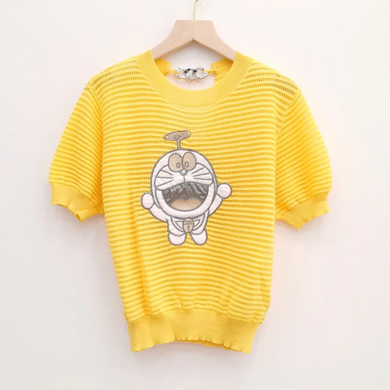 Новинка 2021, мультяшная вязаная футболка Doraemon с вышивкой, в полоску, с круглым вырезом и коротким рукавом, вязаная одежда, Женский брендовый т... 
Новинка 2021, мультяшная вязаная футболка Doraemon с вышивкой, в полоску, с круглым вырезом и коротким рукавом, вязаная одежда, Женский брендовый т...