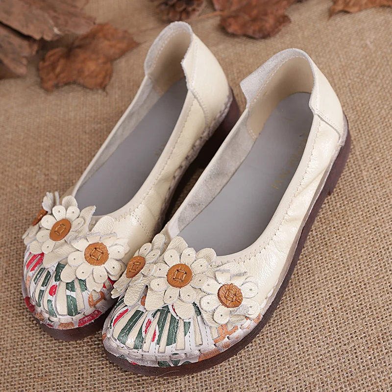 

2021 New Summer Woman Sewing Shallow Loafers Soft Sole Appliques Women's Moccasin Plus Size 42 Beige Genuine Leather Flats